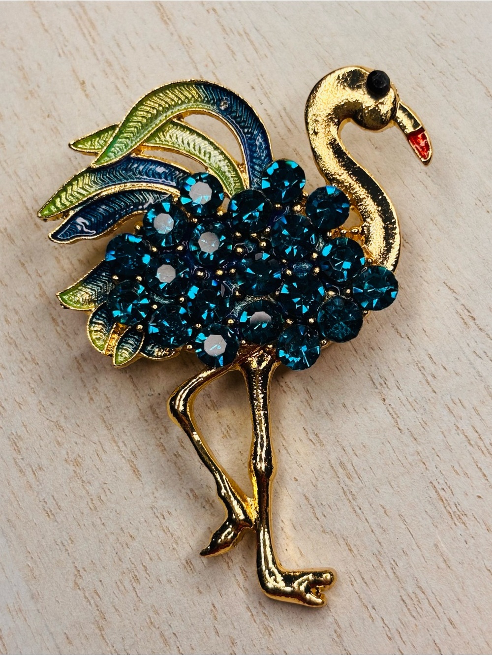 Blue Rhinestone Flamingo Brooch Pin – Gold Tone Enamel Tropical Bird Statement